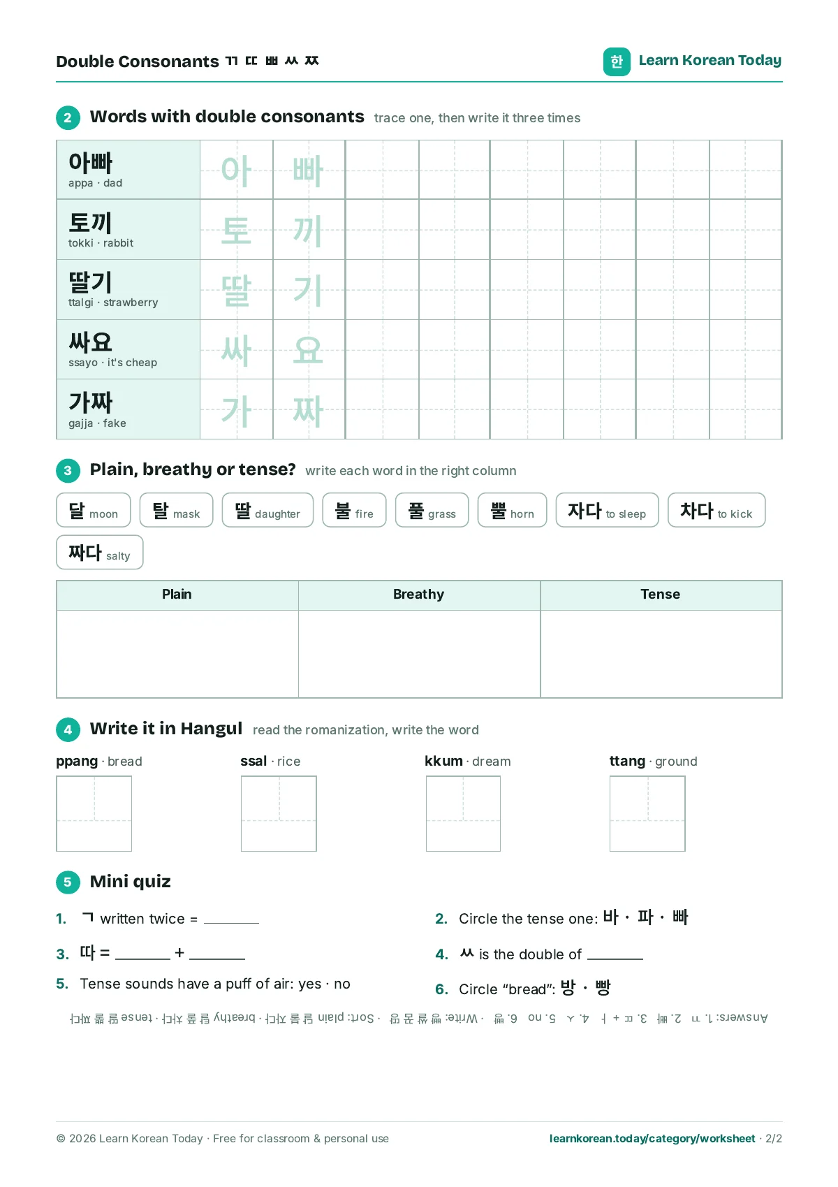 Hangul Double Consonants (ㄲ ㄸ ㅃ ㅆ ㅉ) Worksheet for Beginners: page 2 preview