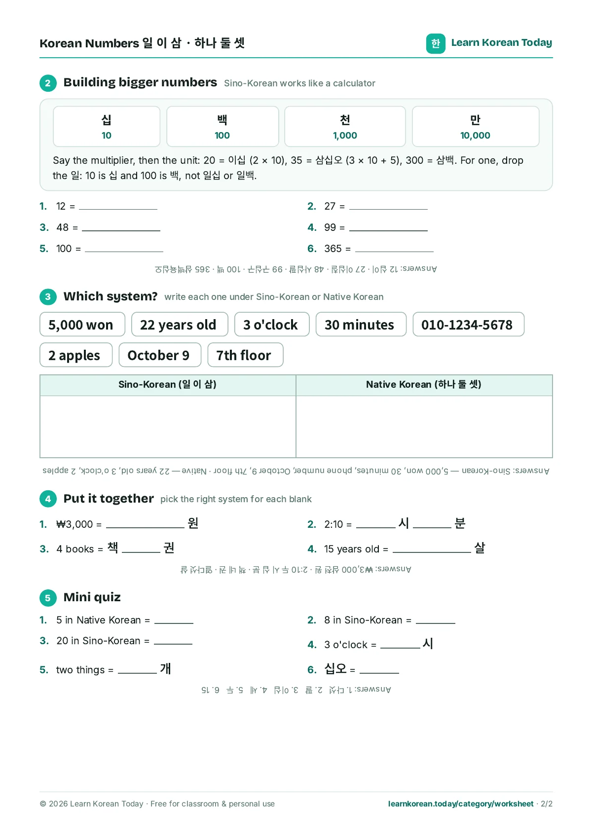 Korean Numbers Worksheet for Beginners (Sino-Korean and Native Korean): page 2 preview